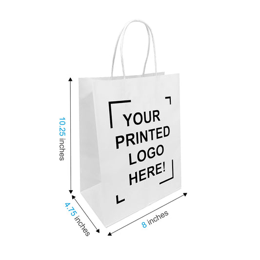 250 Pcs, Cub, 8x4.75x10.25 inches, White Paper Bags, with Twisted Handle, Full Color Custom Print