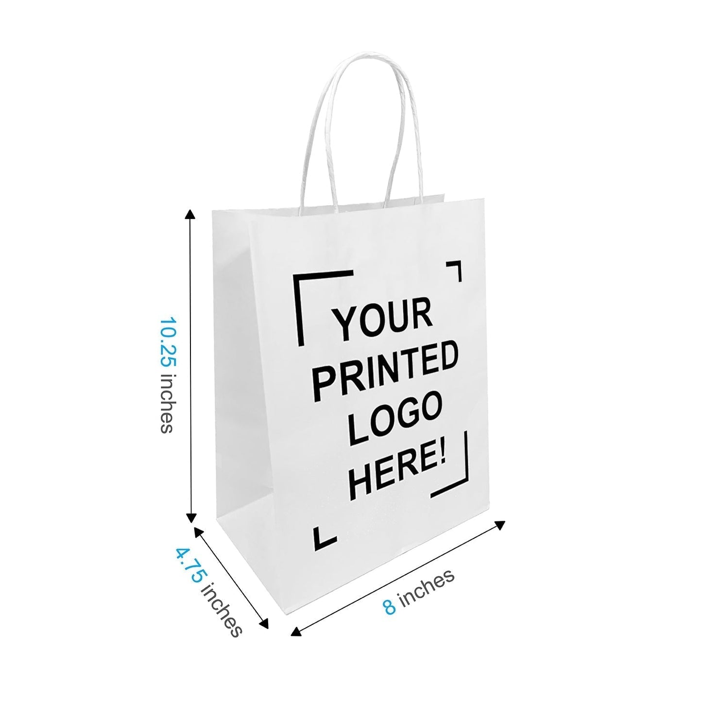 100 Pcs, Cub, 8.5x4.5x10.25 inches, White Paper Bags, with Twisted Handle, Full Color Custom Print