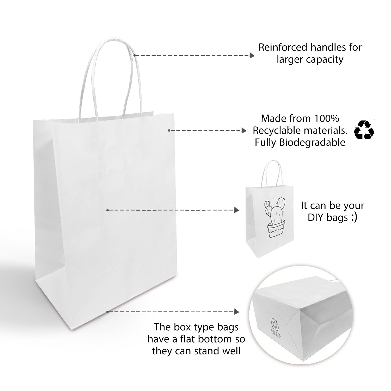 250 Pcs, Cub,  8x4.75x10.25 inches, White Paper Bags, with Twisted Handle