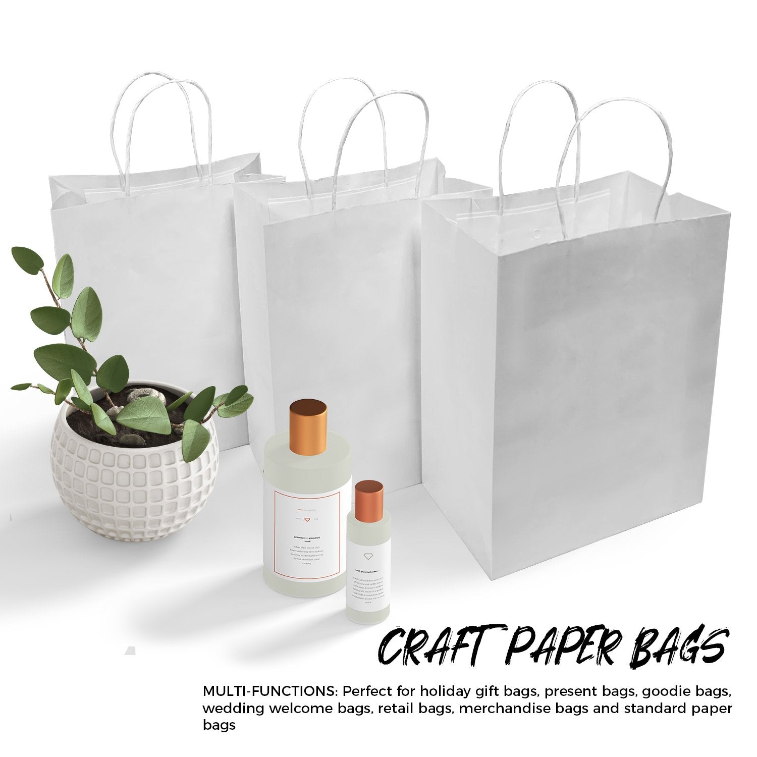 250 Pcs, Cub,  8x4.75x10.25 inches, White Paper Bags, with Twisted Handle