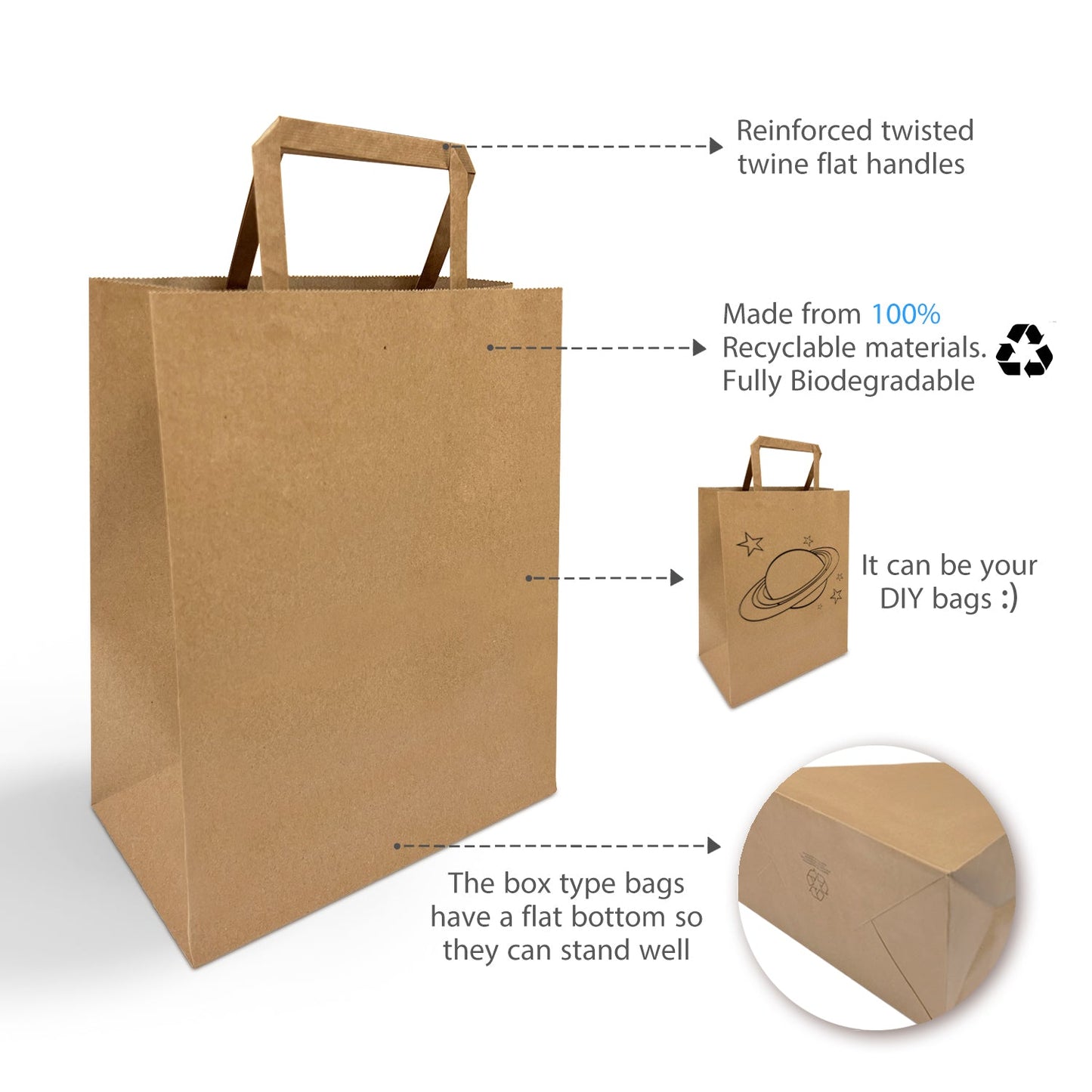 300 Pcs, Cub,  8x4.75x10.25 inches, Kraft Paper Bags, with Flat Handle
