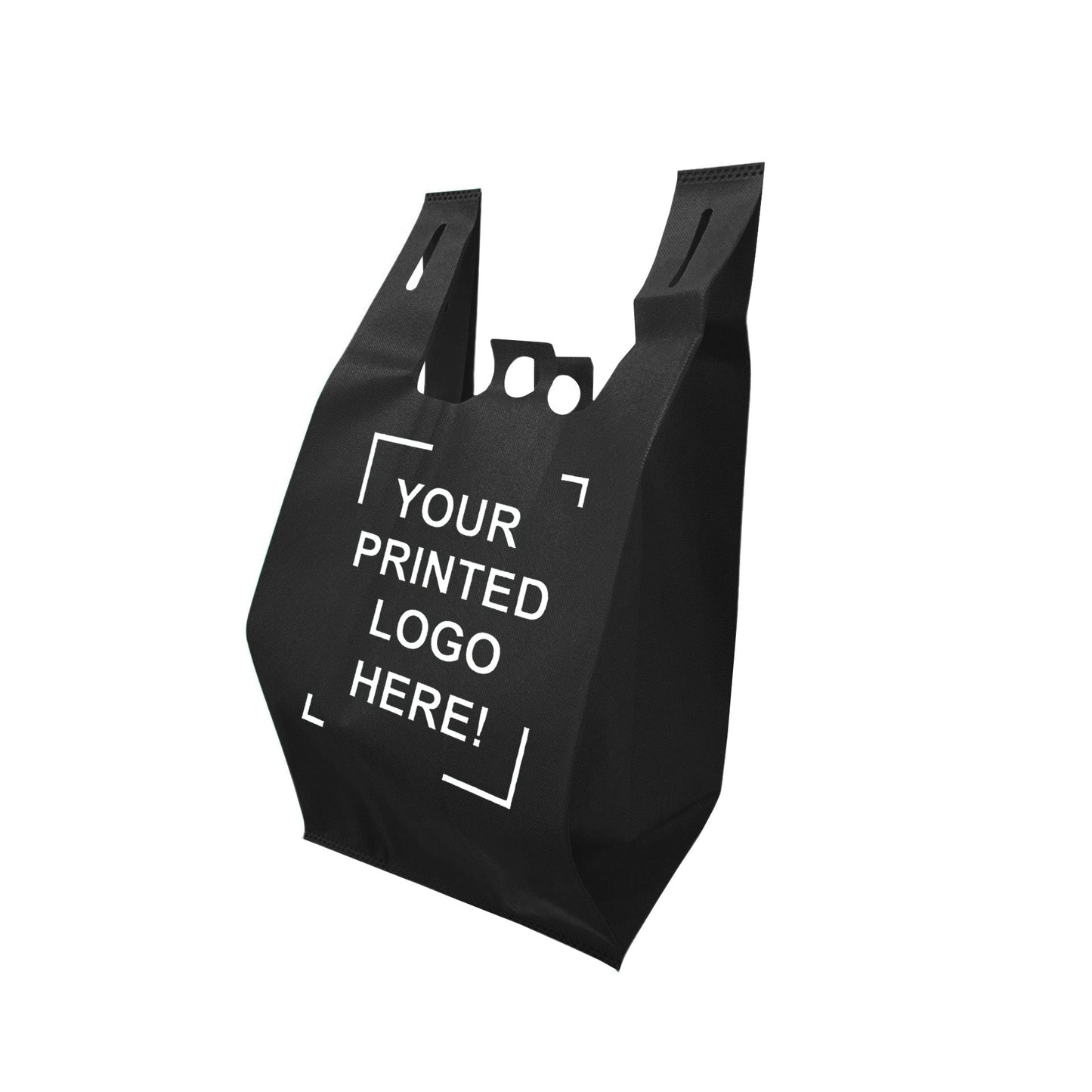 200pcs, Non-Woven Reusable T-Shirt Bag 11x7x20 inches Black Shopping Bags Pinch Bottom, One Color Custom Print, Printed in Canada