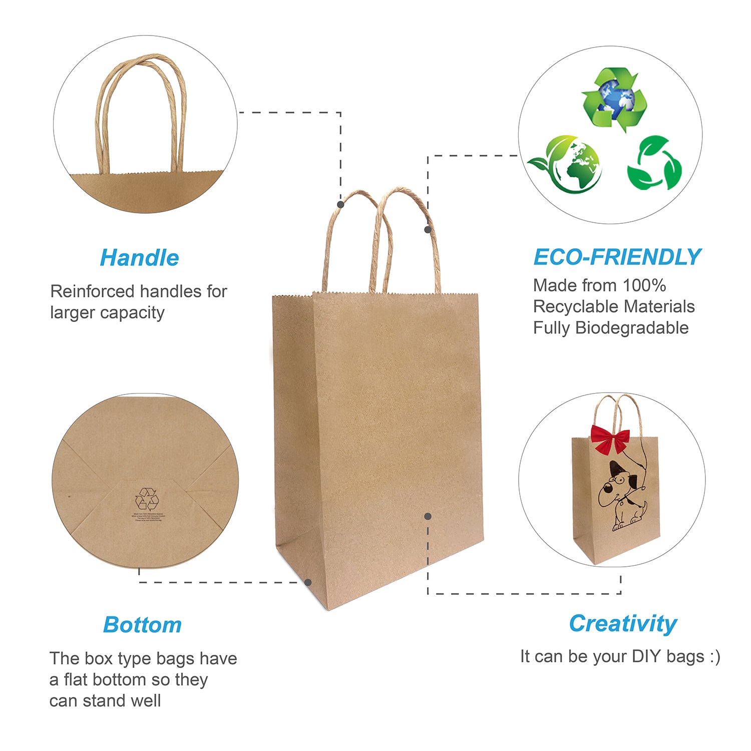 250 Pcs, Gem, 5.3x3.5x8.5 inches, Kraft Paper Bags, with Twisted Handle