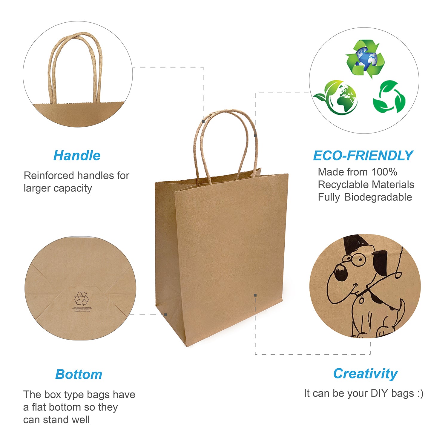 250 Pcs, Cub, 8.5x4.5x10.25 inches, Kraft Paper Bags, with Twisted Handle