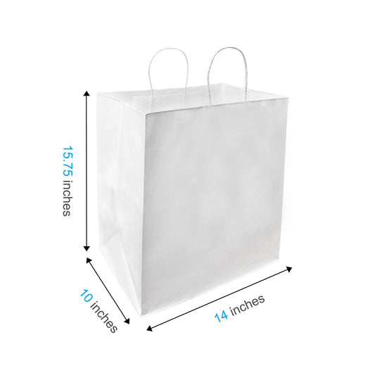 200 Pcs, Super Royal,  14x10x15.75 inches, White Kraft Paper Bags, with Twisted handle