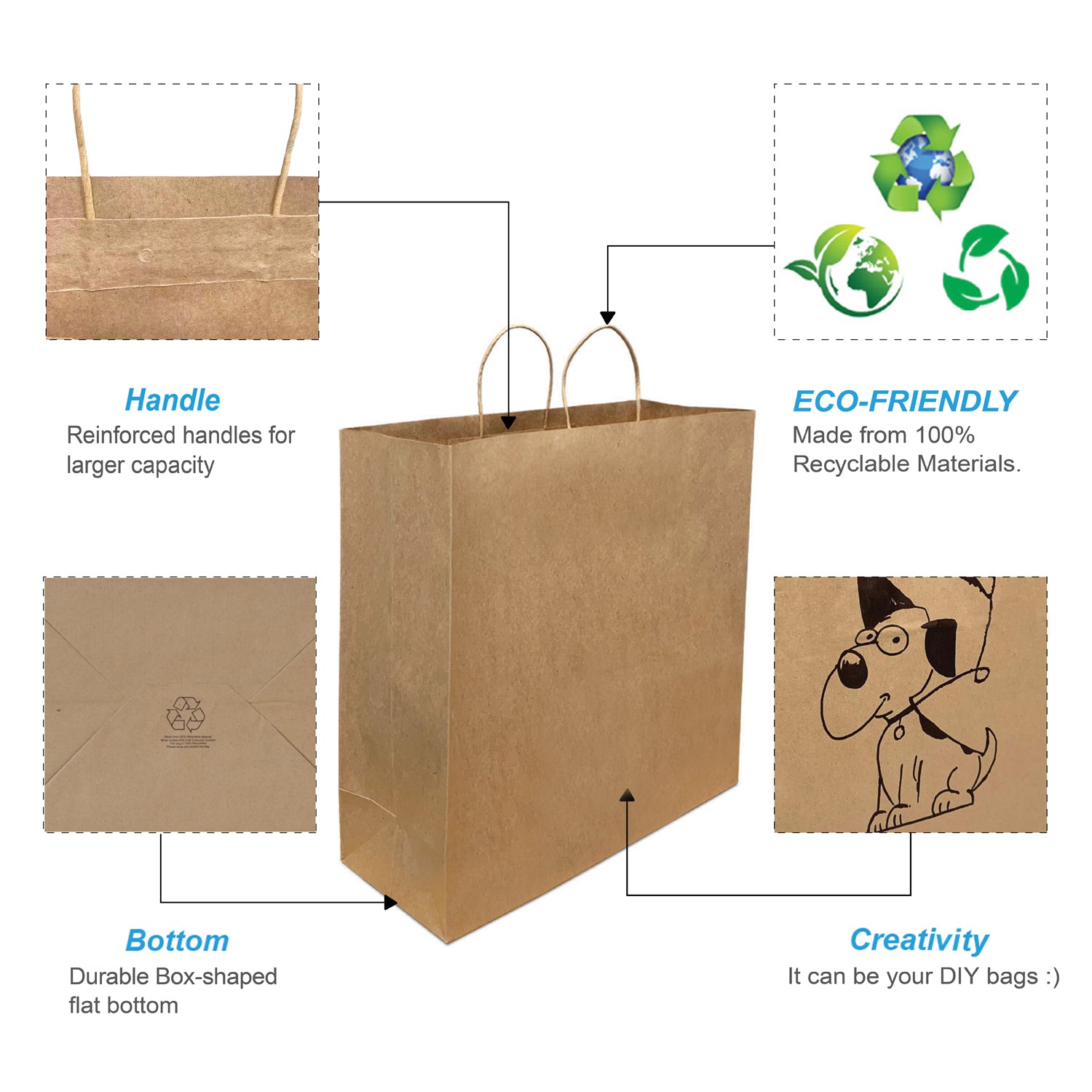 200 Pcs, Jumbo, 18x7x18.75 inches, Kraft Paper Bags, with Twisted Handle