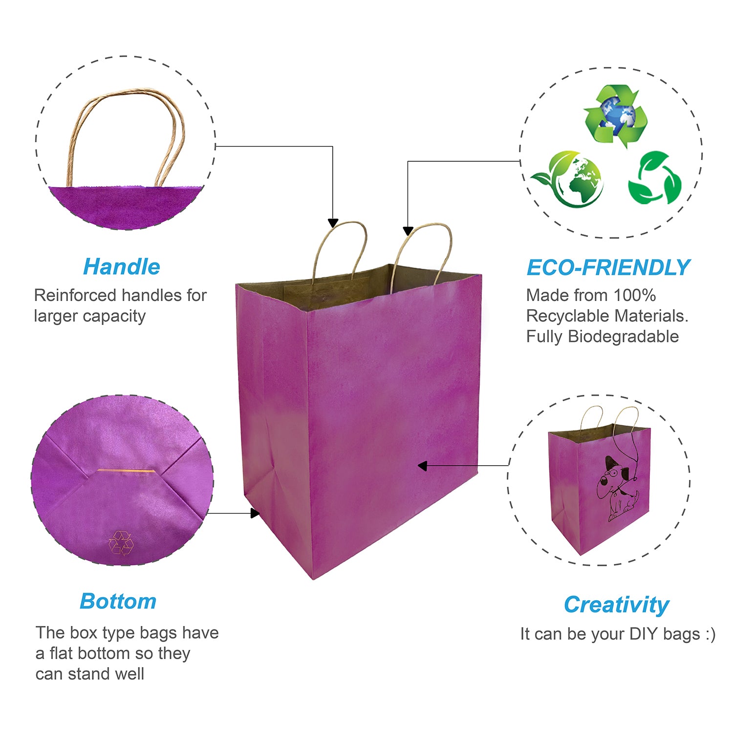 150 Pcs, Super Royal,  14x10x15.75 inches, Purple Kraft Paper Bags, with Twisted handle