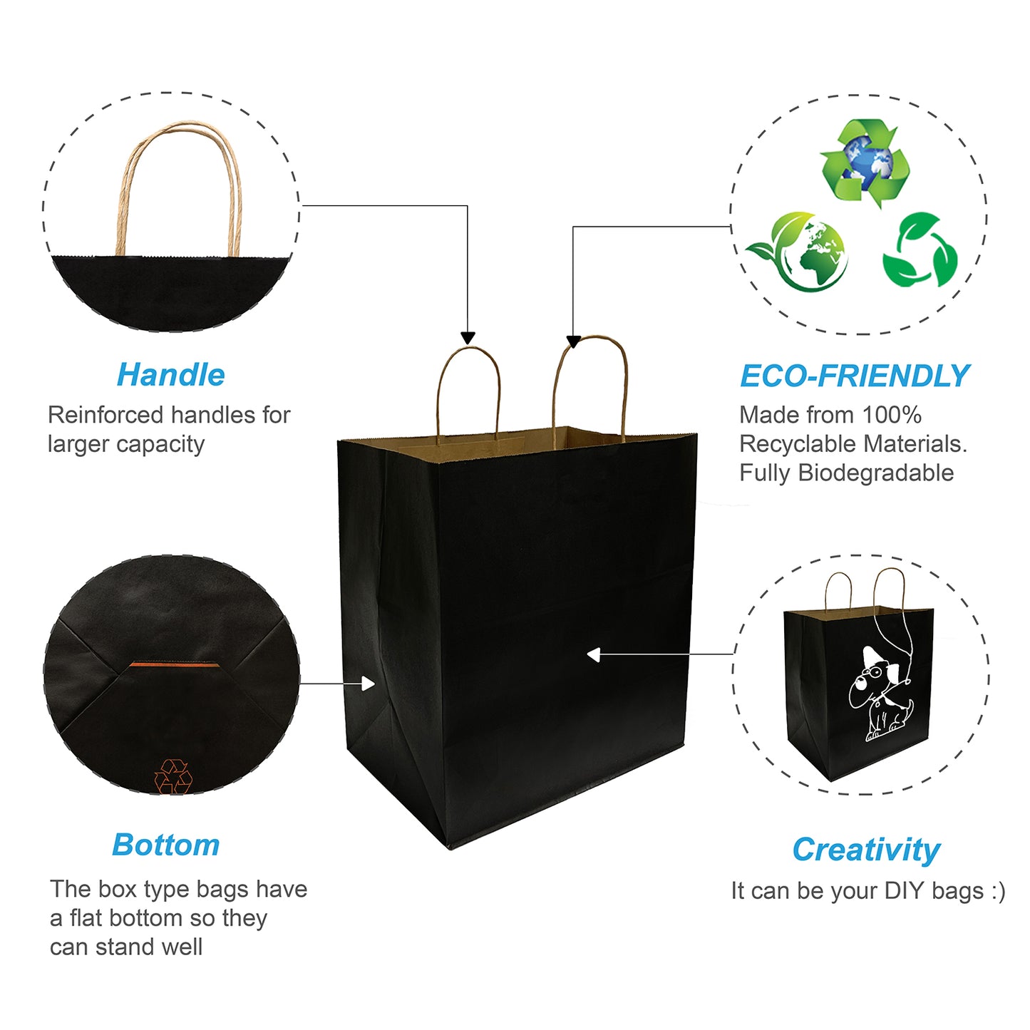 200 Pcs, Super Royal, 14x10x15.75 inches, Black Kraft Paper Bags, with Twisted Handle