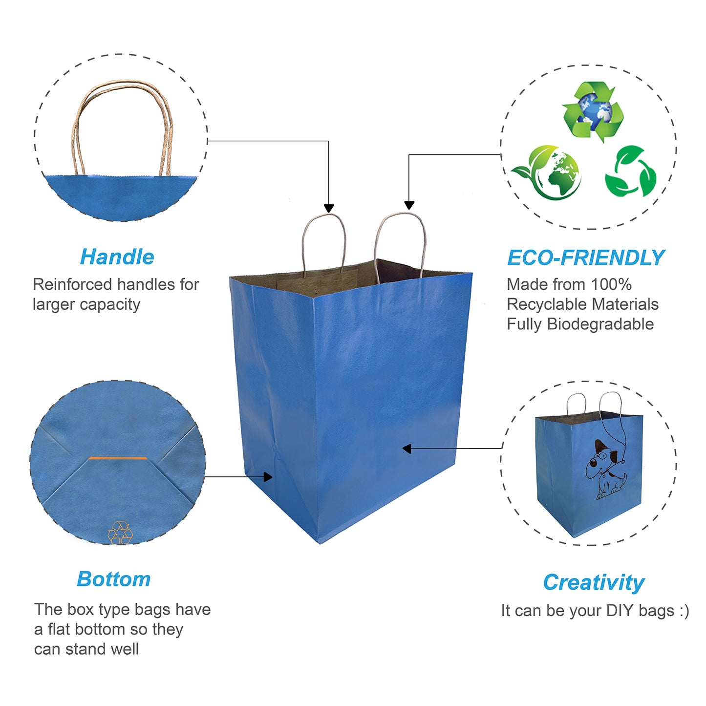 150 Pcs, Super Royal, 14x10x15.75 inches, Blue Kraft Paper Bags, with Twisted Handle