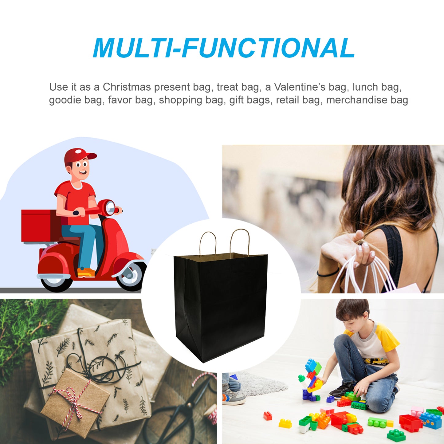 200 Pcs, Super Royal, 14x10x15.75 inches, Black Kraft Paper Bags, with Twisted Handle