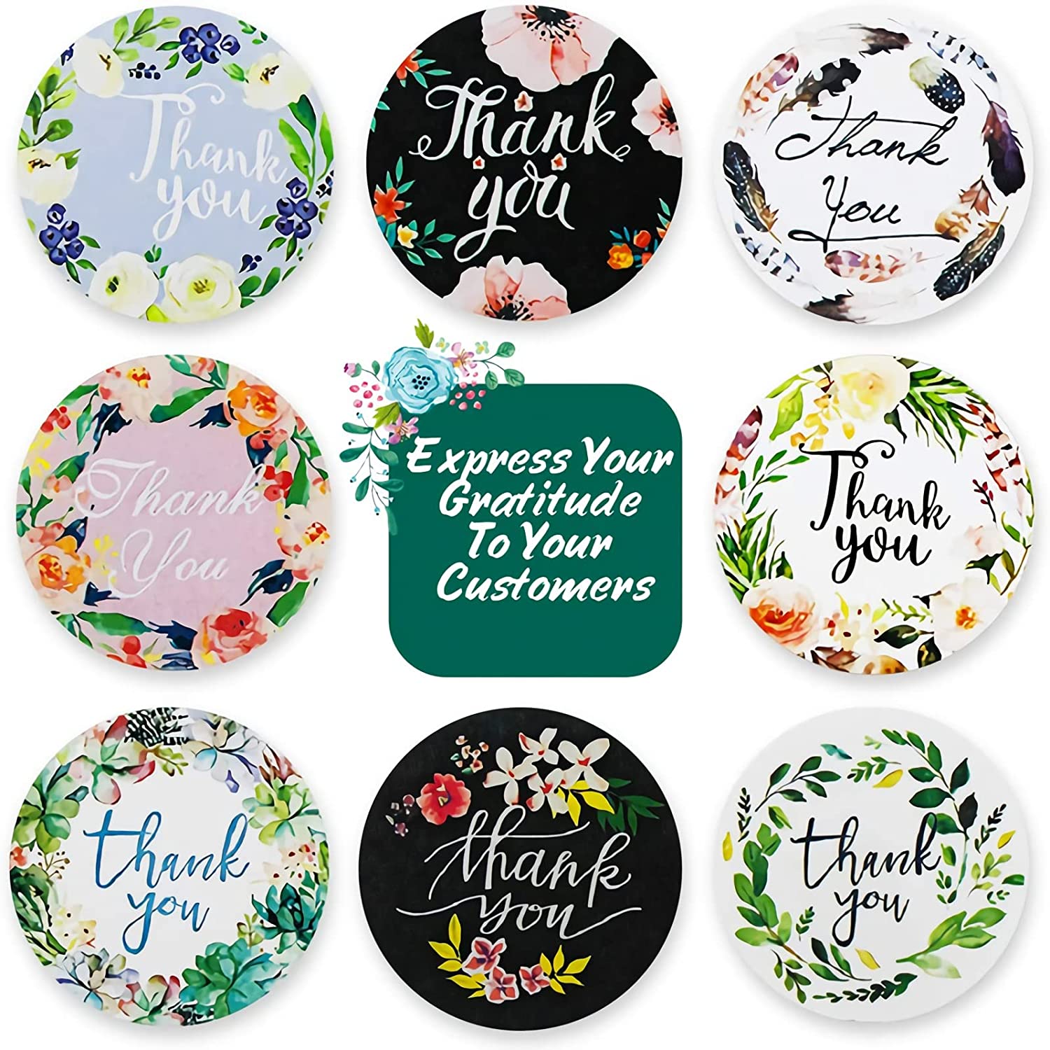 2500 Pcs, 2 inches, 8 Designs, Plants and Floral, Round Label, Thank You Sticker